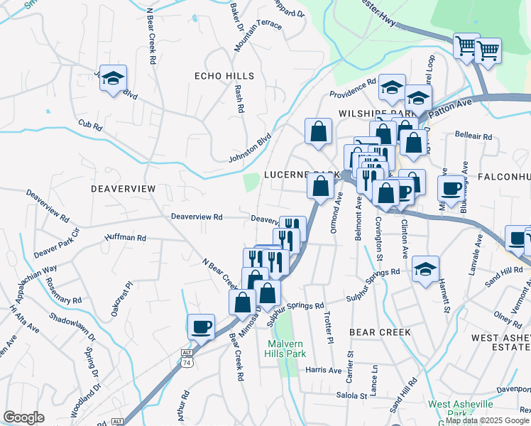 map of restaurants, bars, coffee shops, grocery stores, and more near 63 Deaverview Road in Asheville