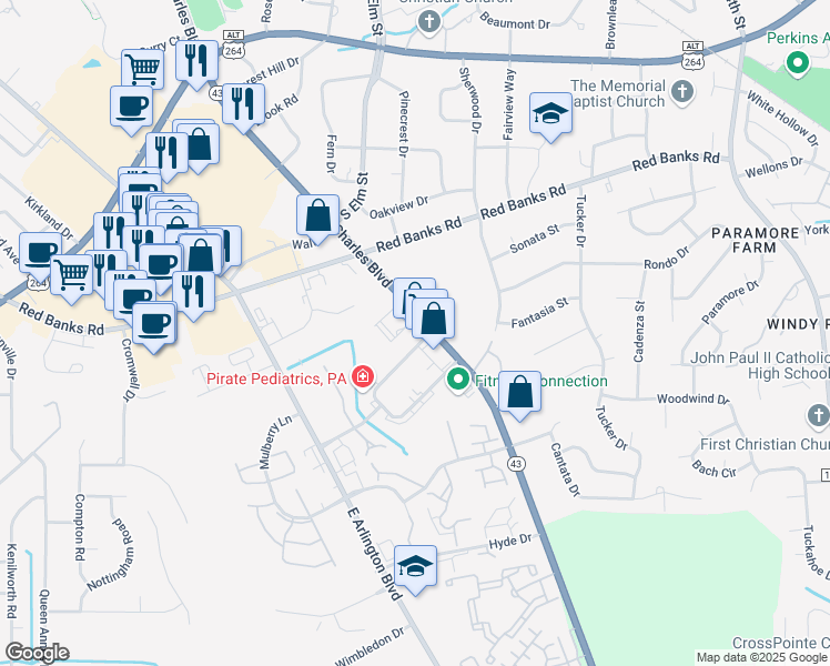 map of restaurants, bars, coffee shops, grocery stores, and more near 2428 Charles Boulevard in Greenville