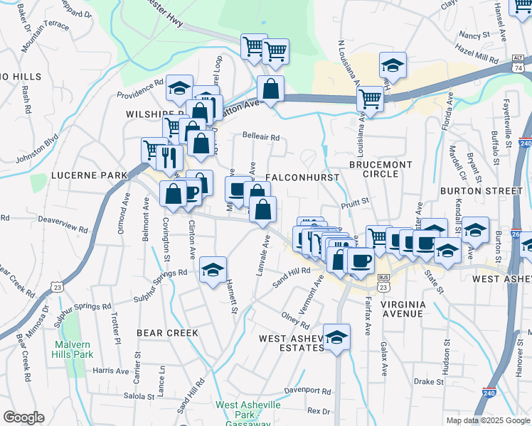 map of restaurants, bars, coffee shops, grocery stores, and more near 15 Dysart Street in Asheville