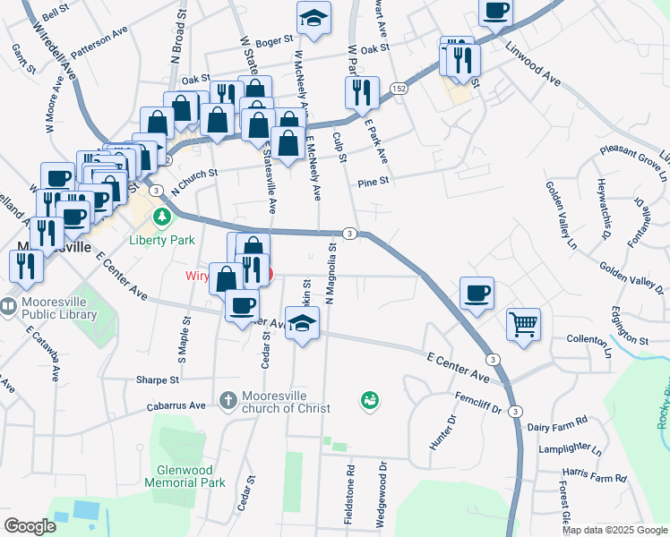 map of restaurants, bars, coffee shops, grocery stores, and more near 702 Carpenter Avenue in Mooresville