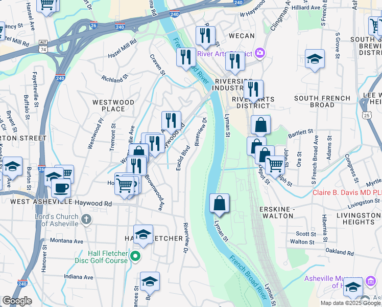 map of restaurants, bars, coffee shops, grocery stores, and more near 49 Euclid Boulevard in Asheville