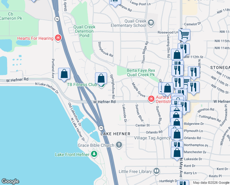 map of restaurants, bars, coffee shops, grocery stores, and more near 11020 Springhollow Road in Oklahoma City