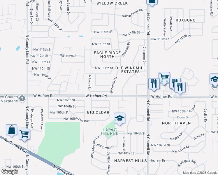 map of restaurants, bars, coffee shops, grocery stores, and more near 8309 Northwest 109th Terrace in Oklahoma City