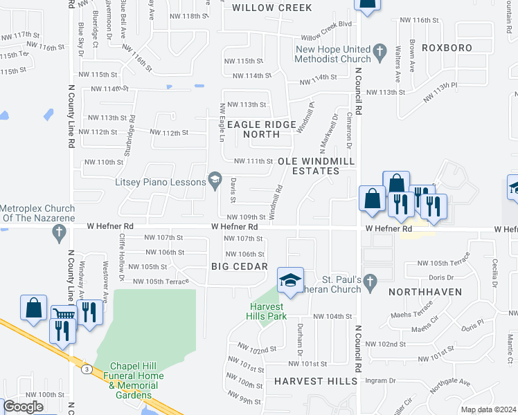 map of restaurants, bars, coffee shops, grocery stores, and more near 8312 Northwest 109th Terrace in Oklahoma City