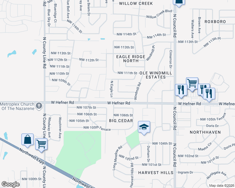 map of restaurants, bars, coffee shops, grocery stores, and more near 8333 Northwest 109th Terrace in Oklahoma City