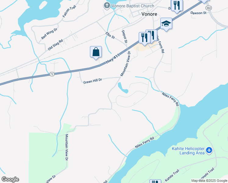 map of restaurants, bars, coffee shops, grocery stores, and more near 213 435 County in Vonore