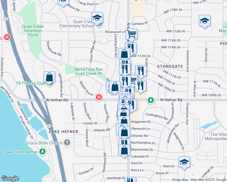 map of restaurants, bars, coffee shops, grocery stores, and more near 11032 Quail Creek Road in Oklahoma City