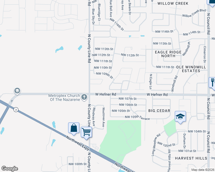 map of restaurants, bars, coffee shops, grocery stores, and more near 10909 Millbrook Lane in Oklahoma City