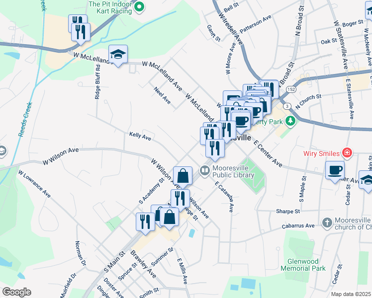 map of restaurants, bars, coffee shops, grocery stores, and more near 277 South Academy Street in Mooresville