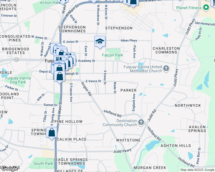 map of restaurants, bars, coffee shops, grocery stores, and more near 307 North Ennis Street in Fuquay-Varina