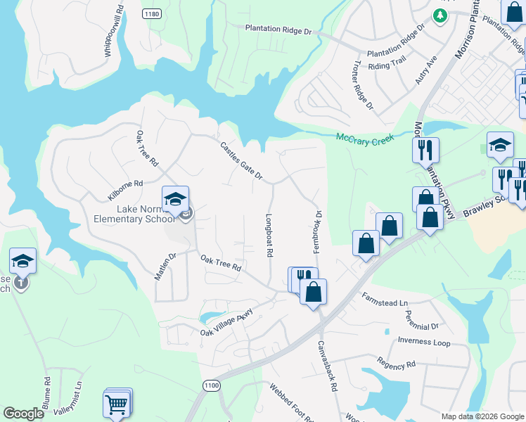 map of restaurants, bars, coffee shops, grocery stores, and more near 177 Longboat Road in Mooresville