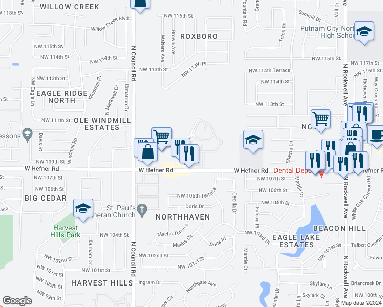 map of restaurants, bars, coffee shops, grocery stores, and more near 11020 Roxboro Avenue in Oklahoma City