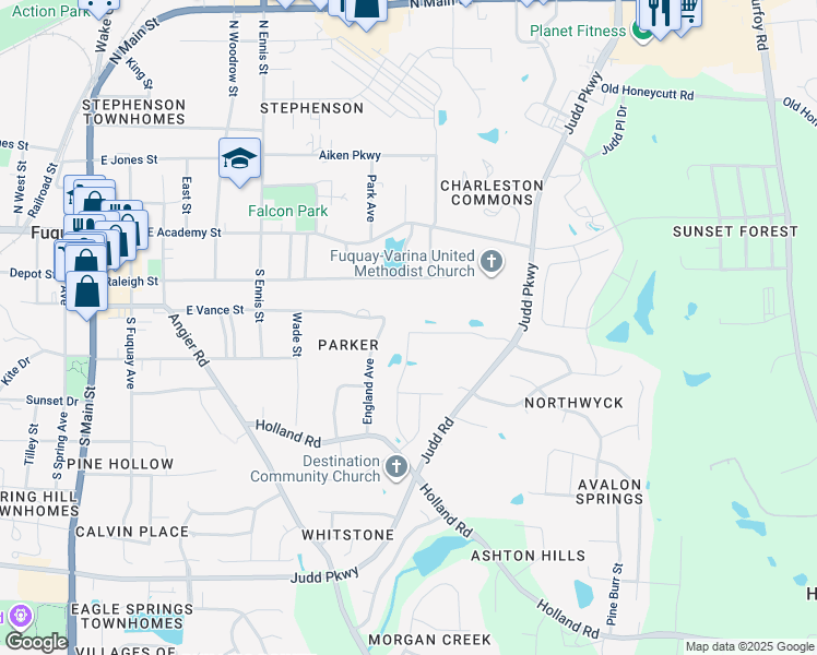 map of restaurants, bars, coffee shops, grocery stores, and more near 703 Barneswyck Drive in Fuquay-Varina