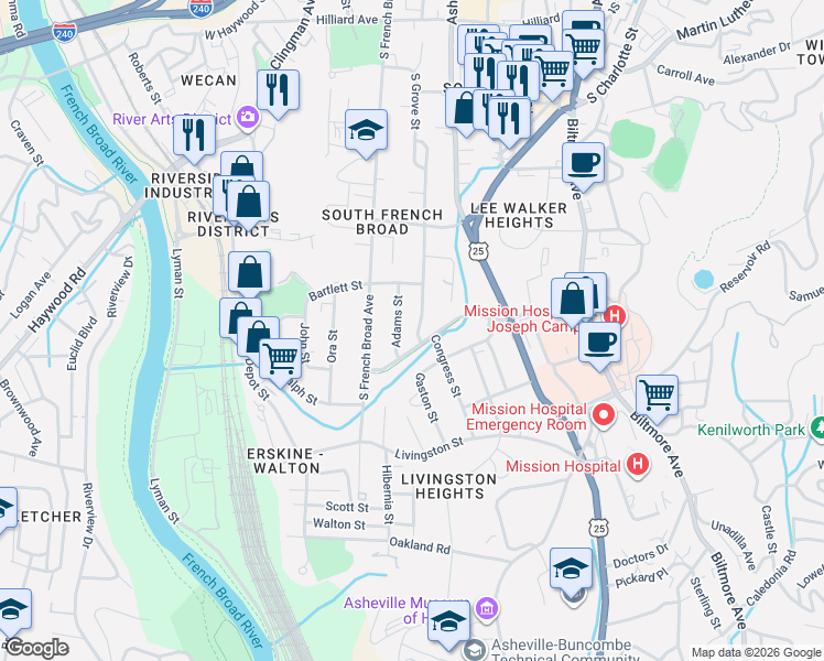 map of restaurants, bars, coffee shops, grocery stores, and more near 99999 Adams Street in Asheville