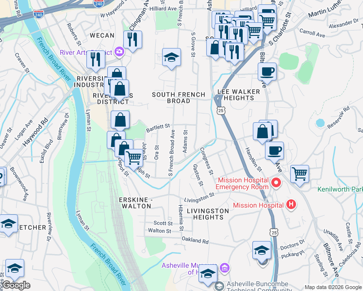map of restaurants, bars, coffee shops, grocery stores, and more near 99999 Adams Street in Asheville