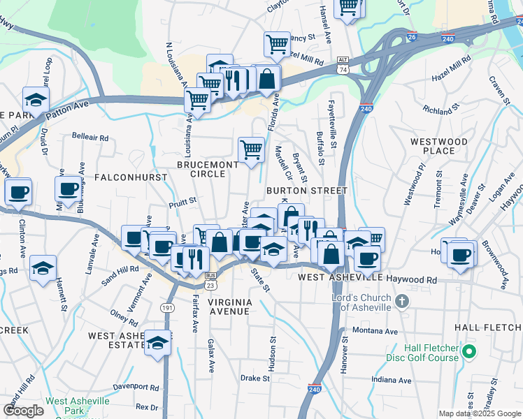 map of restaurants, bars, coffee shops, grocery stores, and more near 103 Martin Avenue in Asheville