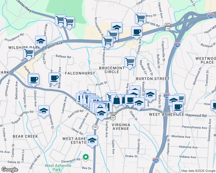 map of restaurants, bars, coffee shops, grocery stores, and more near 96 Louisiana Avenue in Asheville