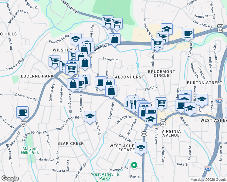 map of restaurants, bars, coffee shops, grocery stores, and more near 15 Dysart Street in Asheville