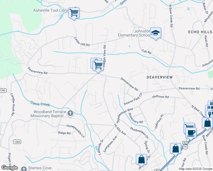 map of restaurants, bars, coffee shops, grocery stores, and more near 331 Hi Alta Avenue in Asheville