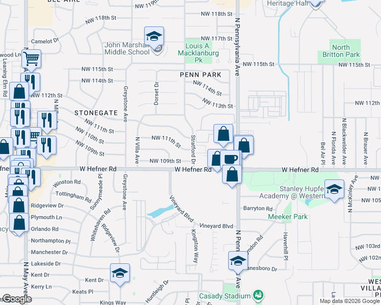 map of restaurants, bars, coffee shops, grocery stores, and more near 2312 Northwest 111th Street in Oklahoma City