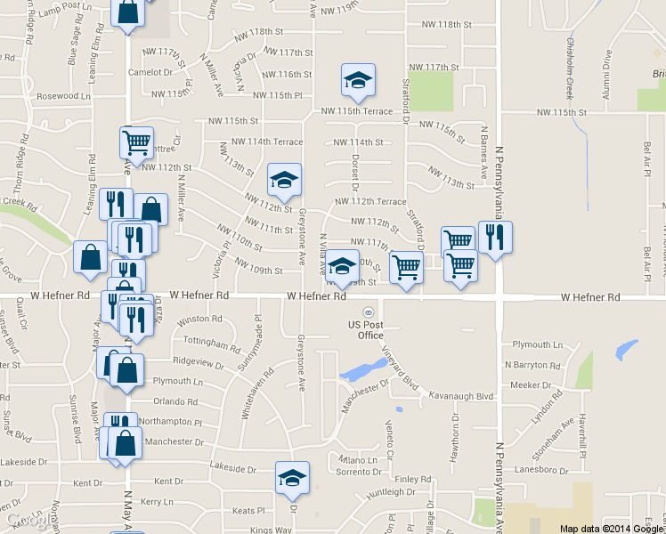 map of restaurants, bars, coffee shops, grocery stores, and more near 2432 Northwest 110th Street in Oklahoma City