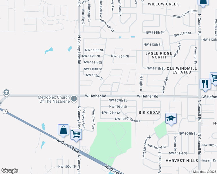 map of restaurants, bars, coffee shops, grocery stores, and more near 8700 Northwest 109th Street in Oklahoma City