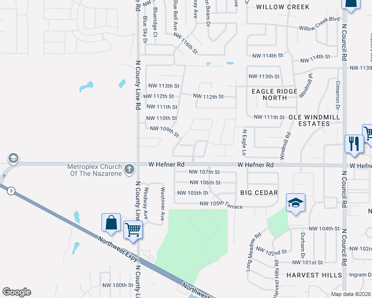 map of restaurants, bars, coffee shops, grocery stores, and more near 8700 Northwest 109th Street in Oklahoma City
