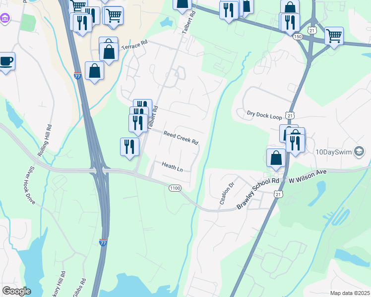 map of restaurants, bars, coffee shops, grocery stores, and more near 341 Reed Creek Road in Mooresville