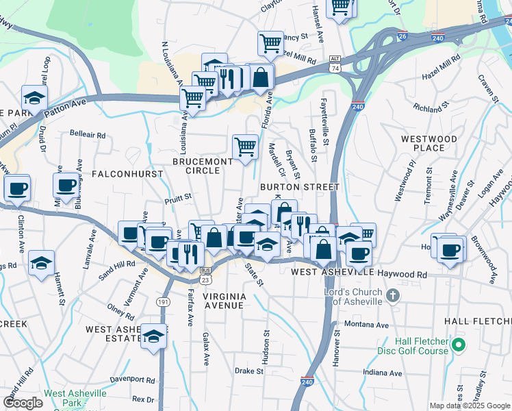 map of restaurants, bars, coffee shops, grocery stores, and more near 103 Martin Avenue in Asheville