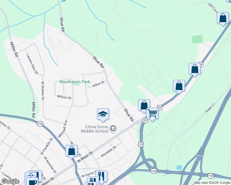 map of restaurants, bars, coffee shops, grocery stores, and more near 400 Shue Road in China Grove