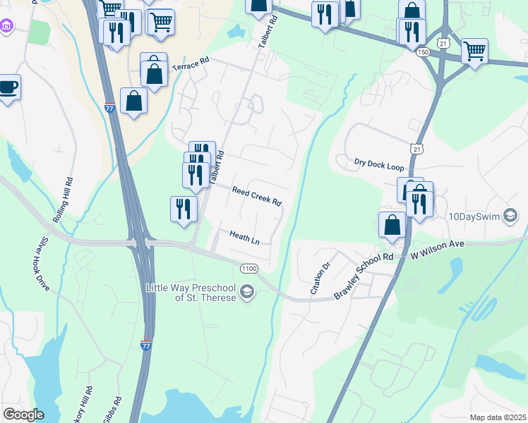 map of restaurants, bars, coffee shops, grocery stores, and more near 341 Reed Creek Road in Mooresville
