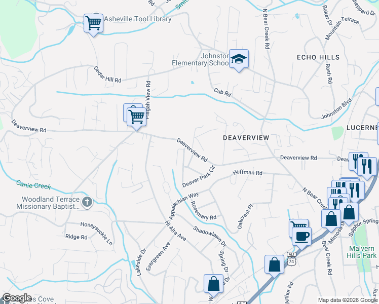 map of restaurants, bars, coffee shops, grocery stores, and more near 386 Deaverview Road in Asheville