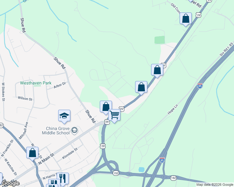 map of restaurants, bars, coffee shops, grocery stores, and more near 215 Red Fox Lane in China Grove