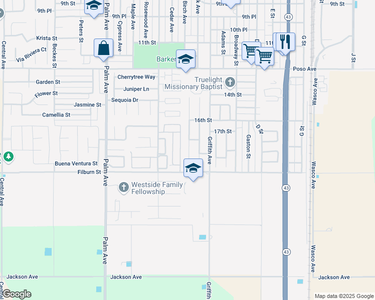map of restaurants, bars, coffee shops, grocery stores, and more near 1897 Shamrock Court in Wasco