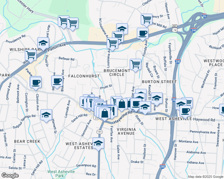 map of restaurants, bars, coffee shops, grocery stores, and more near 96 Louisiana Avenue in Asheville