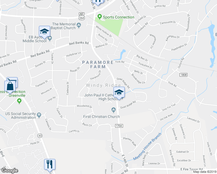 map of restaurants, bars, coffee shops, grocery stores, and more near 33 Scott Street in Greenville