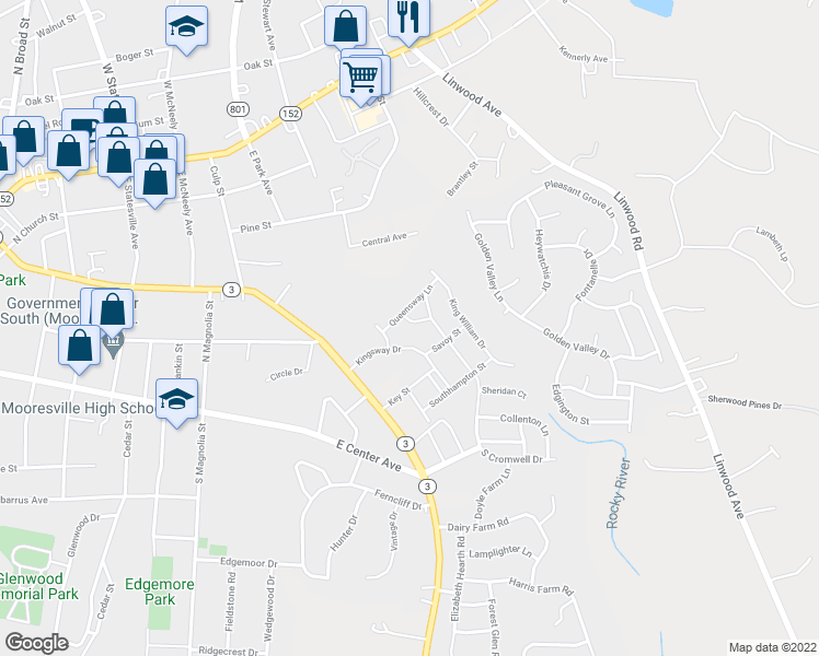 map of restaurants, bars, coffee shops, grocery stores, and more near 106 Queen Anne Lane in Mooresville