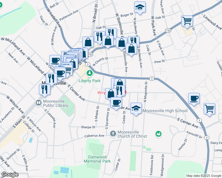 map of restaurants, bars, coffee shops, grocery stores, and more near 432 Carpenter Avenue in Mooresville