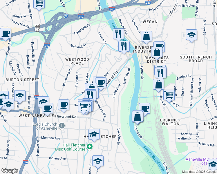 map of restaurants, bars, coffee shops, grocery stores, and more near 99999 Avon Avenue in Asheville