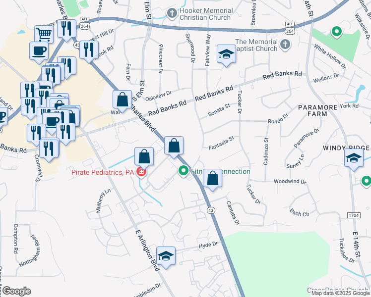 map of restaurants, bars, coffee shops, grocery stores, and more near 2445 North Carolina 43 in Greenville