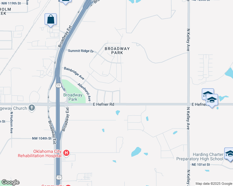 map of restaurants, bars, coffee shops, grocery stores, and more near 504 Bainbridge Avenue in Oklahoma City