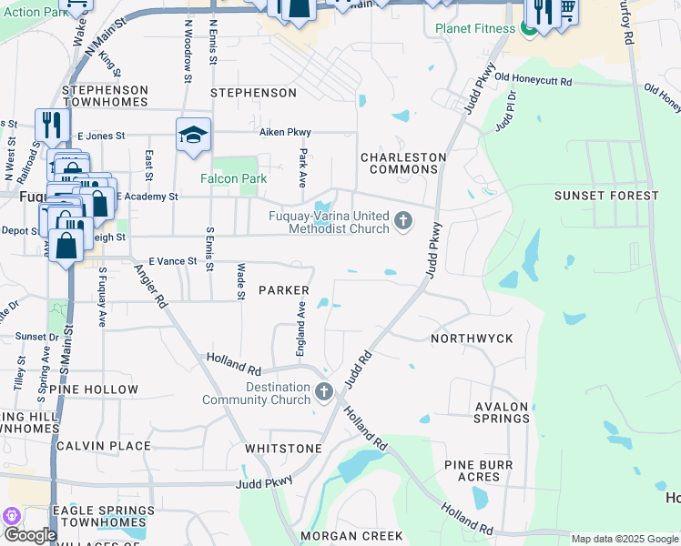 map of restaurants, bars, coffee shops, grocery stores, and more near 703 Barneswyck Drive in Fuquay-Varina