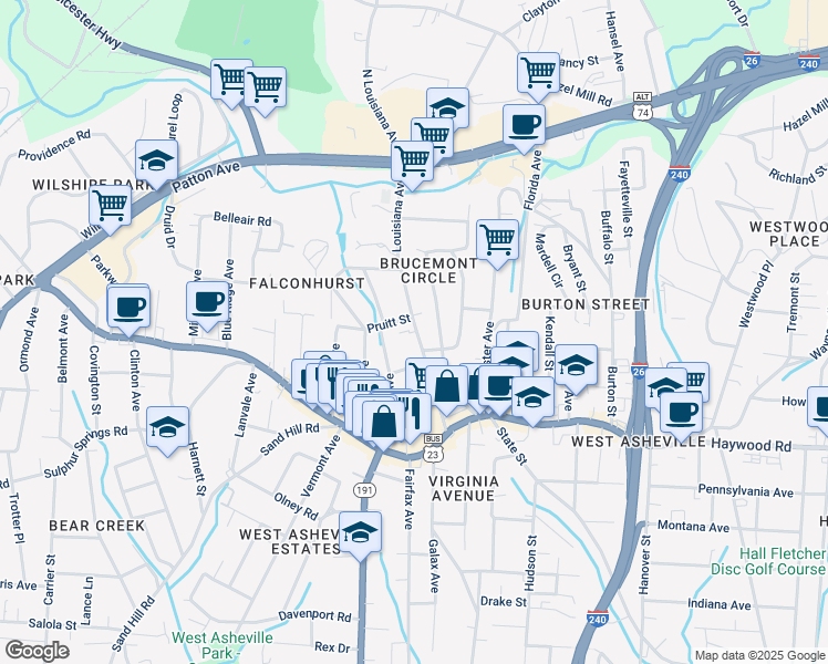 map of restaurants, bars, coffee shops, grocery stores, and more near 96 Louisiana Avenue in Asheville