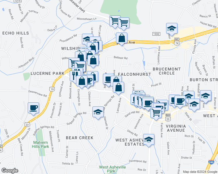 map of restaurants, bars, coffee shops, grocery stores, and more near 100 Pace Lane in Asheville