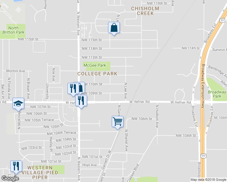 map of restaurants, bars, coffee shops, grocery stores, and more near 645 Northwest 109th Street in Oklahoma City