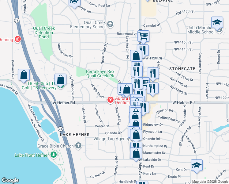 map of restaurants, bars, coffee shops, grocery stores, and more near 11005 Redbud Lane in Oklahoma City