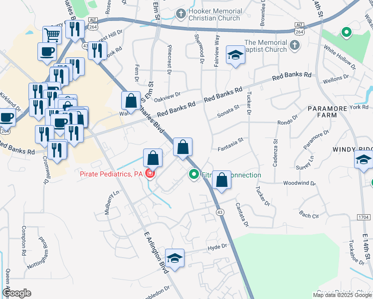 map of restaurants, bars, coffee shops, grocery stores, and more near 2445 North Carolina 43 in Greenville