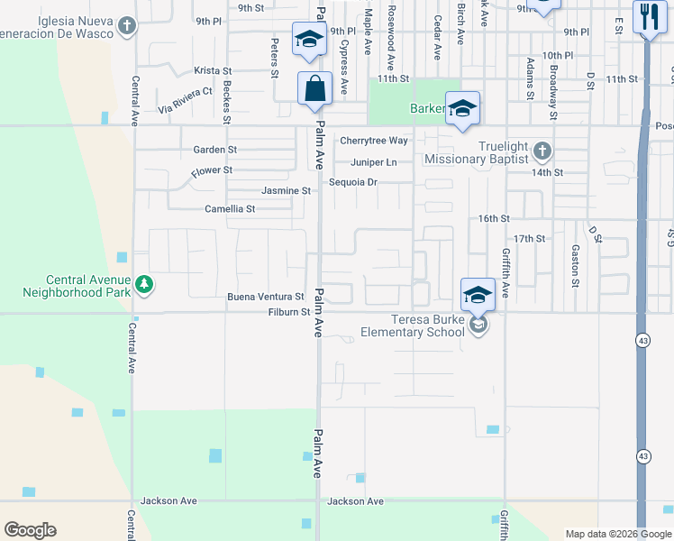 map of restaurants, bars, coffee shops, grocery stores, and more near 1902 Palm Avenue in Wasco