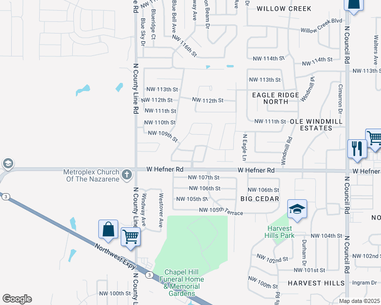 map of restaurants, bars, coffee shops, grocery stores, and more near 8700 Northwest 109th Street in Oklahoma City