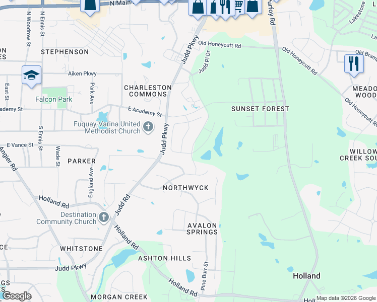 map of restaurants, bars, coffee shops, grocery stores, and more near 276 Bevis Marks Drive in Fuquay-Varina